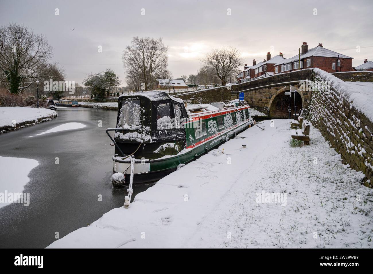 Narrowboat moored near the marina on the Peak Forest Canal at Marple, Stockport, Greater Manchester. Stock Photo