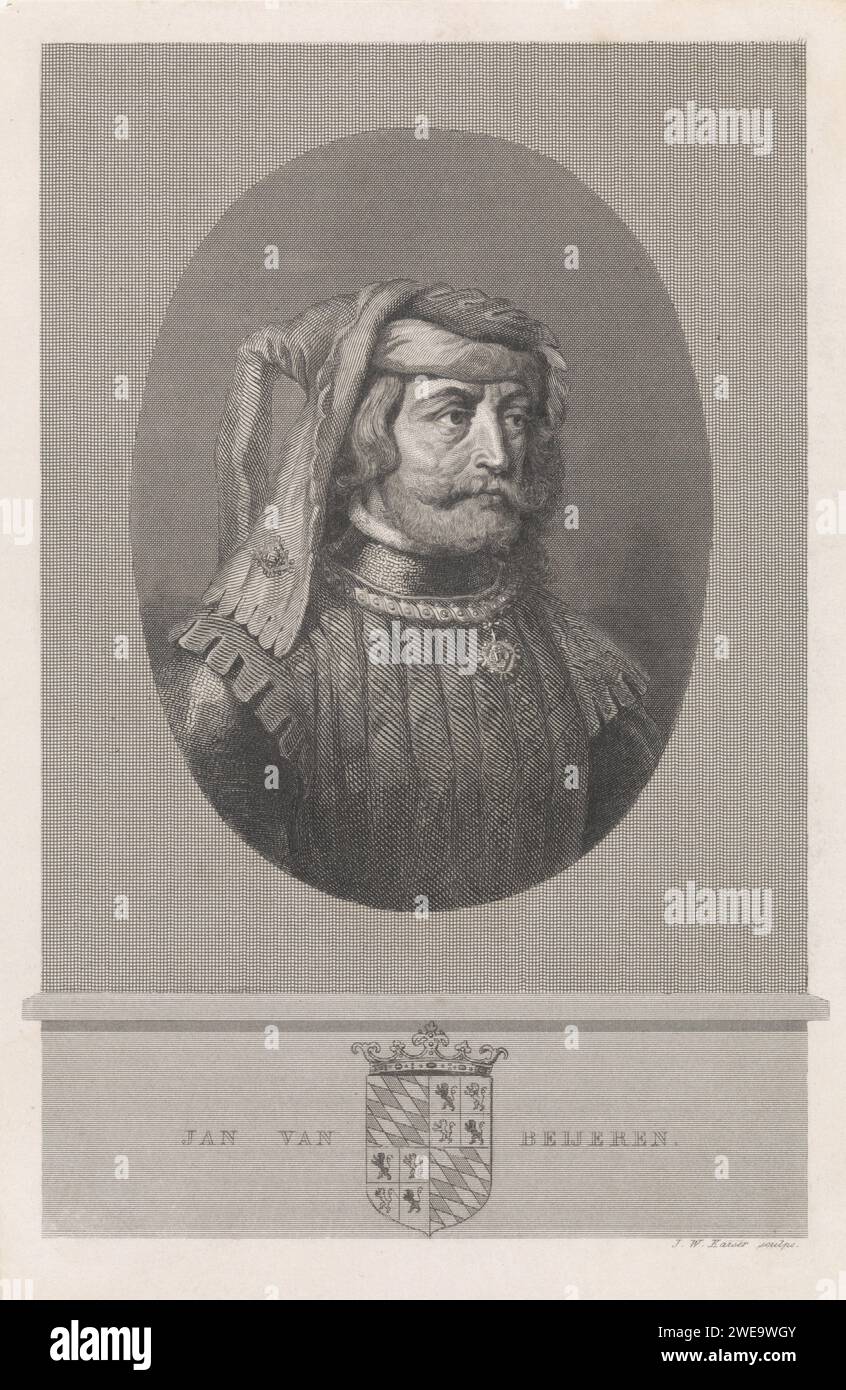 Portrait of Jan van Bavaria, Johann Wilhelm Kaiser (I), 1840 - 1884 print Portrait bust from Jan van Beieren to the right, in an oval list. He has a mustache and a modest beard. He wears a hat with organ pipe folds. In the margin are family crest  paper etching / engraving adult man Stock Photo