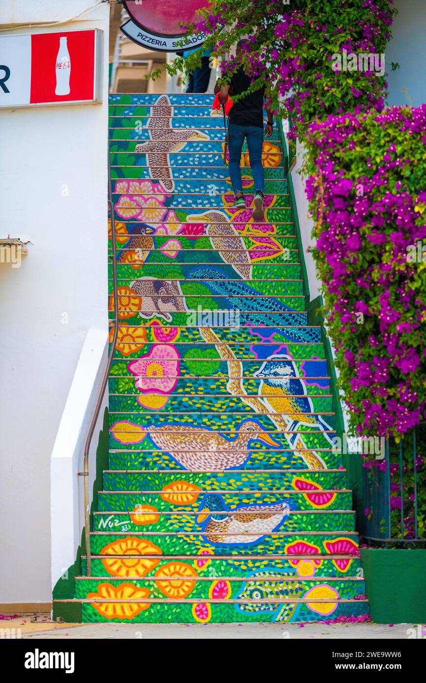 Von Künstler Juan Carlos Nuñez gestaltete Treppe in der Kunstgasse in Porto Cristo, Mallorca Stock Photo
