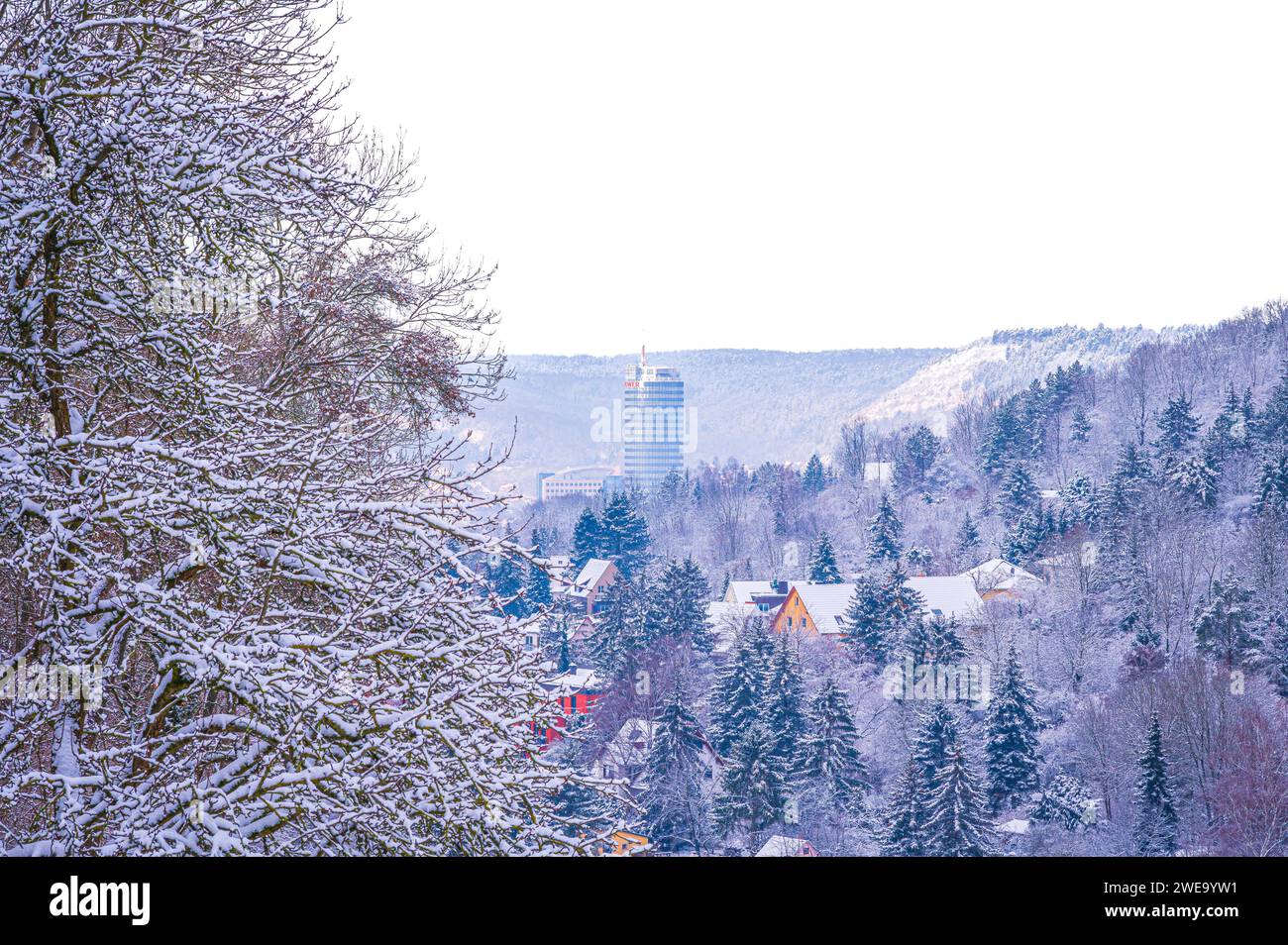 View Of The Snow-covered Jentower Of Jena With Mountains And Forests In The Background, Jena, Thüringen, Germany Stock Photo