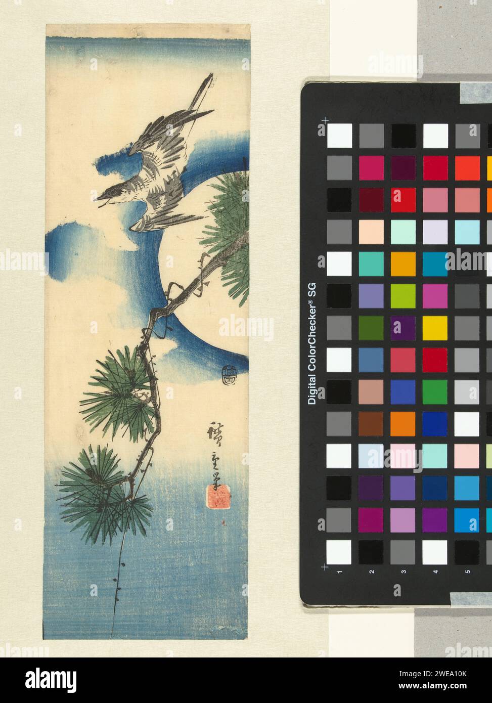 Cuckoo, pine branch, and full moon, c. 1843/47, Utagawa