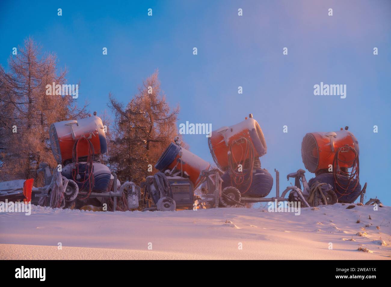 snow cannons on a frosty morning Stock Photo