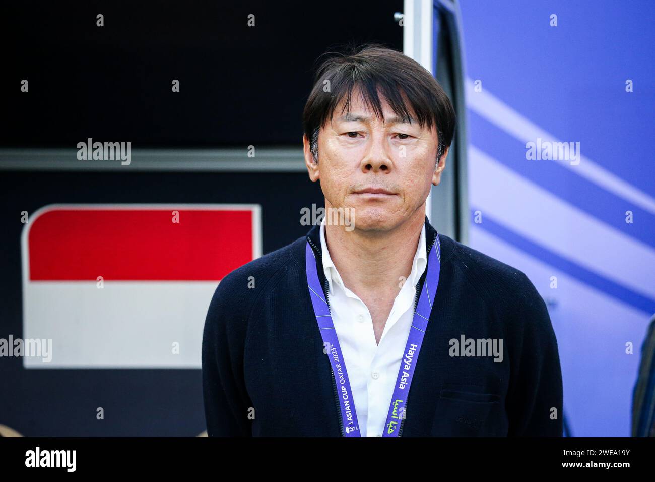 Doha, Japan, 24 Jan 2024, AFC Asian Cup Qatar 2023 Group D - Japan beat Indonesia 3-1 in their final Asian Cup Group D game to guarantee a top-two finish, Ayase Ueda scores two goals. Image: Indonesia Head Coach Shin Tae-yong Stock Photo
