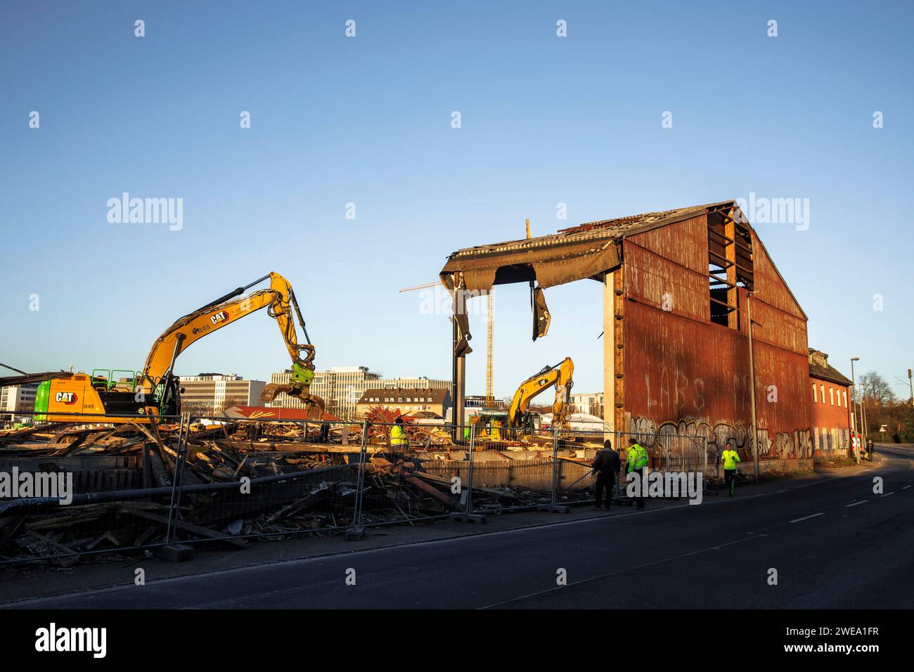 demolition of an old wooden warehouse building of the Thies company in the Rhine harbor in the district Deutz, a new urban quarter will be built here Stock Photo