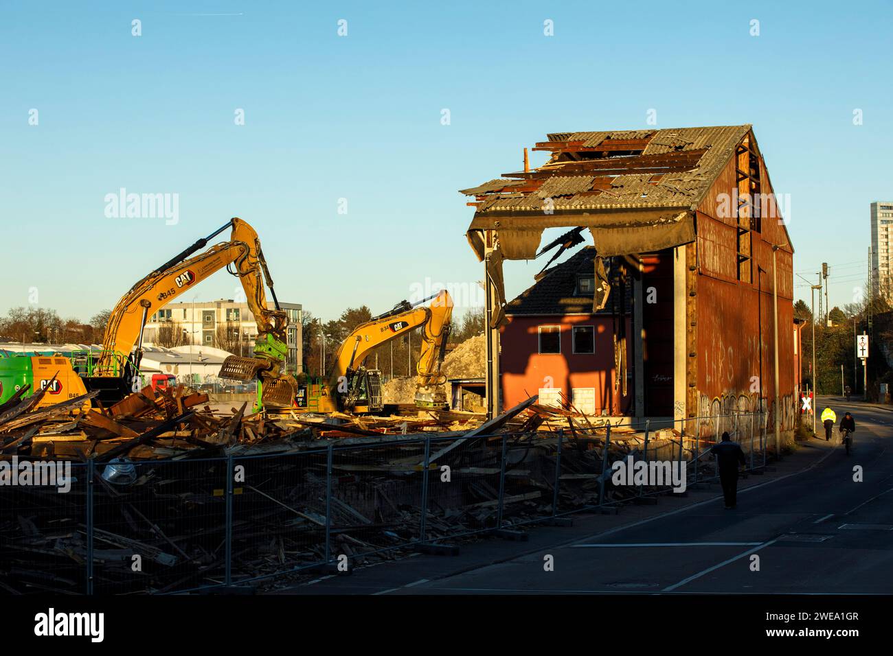 demolition of an old wooden warehouse building of the Thies company in the Rhine harbor in the district Deutz, a new urban quarter will be built here Stock Photo