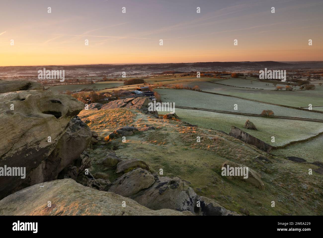 Almscliffe Crag, in the Lower Wharfe Valley, close to the village of North Rigton, North Yorkshire Stock Photo