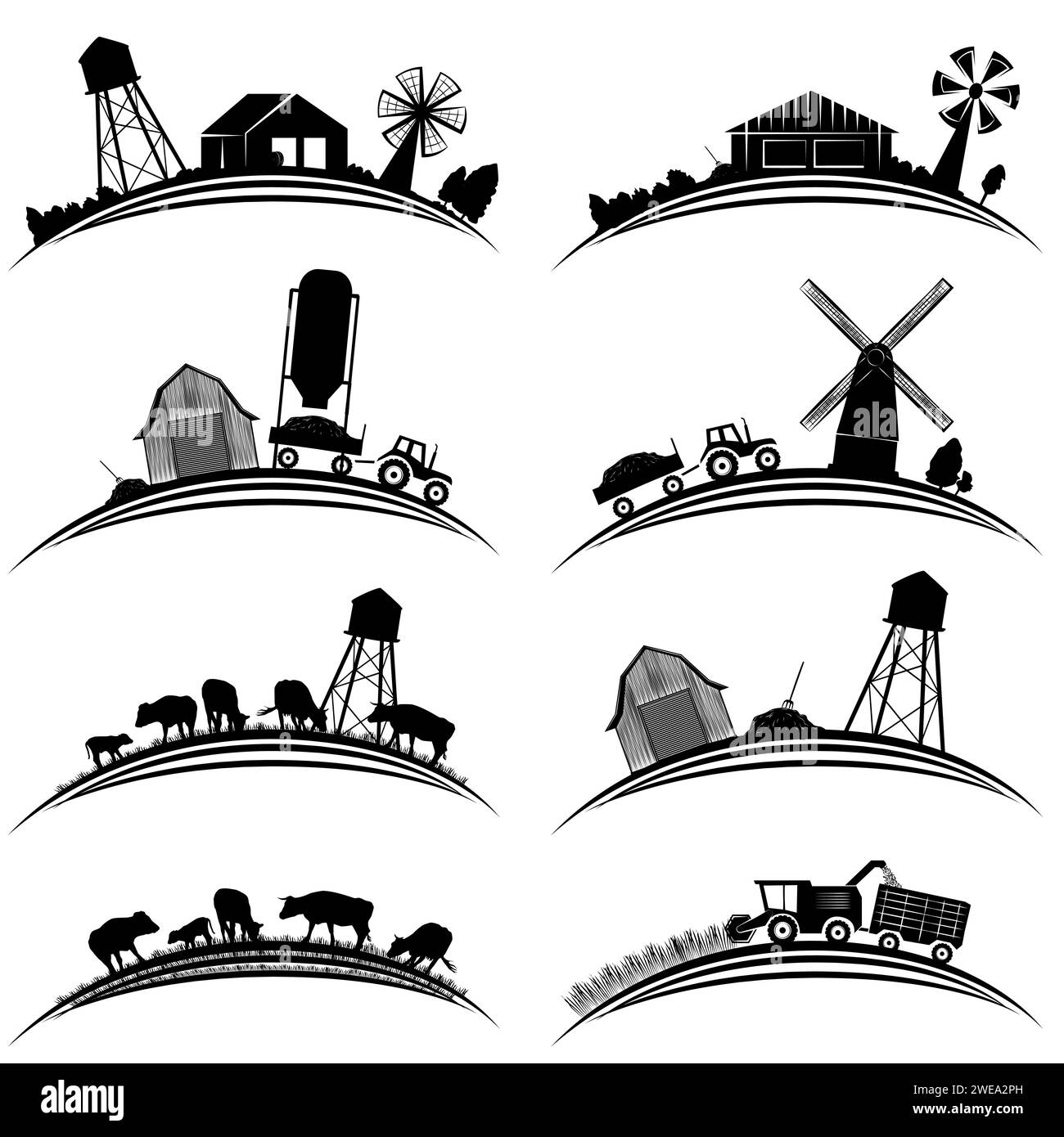 Set of silhouette scenes from farm life with fields, barns and ...
