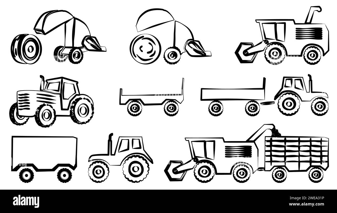 A set of agricultural machinery outline isolated on white background