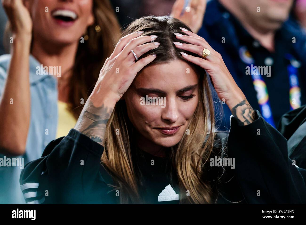 Melbourne, Australia, 24th Jan, 2024. Sophia Thomalla, girlfriend of tennis player Alexander Zverev from Germany cheers at the 2024 Australian Open Tennis Grand Slam in Melbourne Park. Photo credit: Frank Molter/Alamy Live news Stock Photo