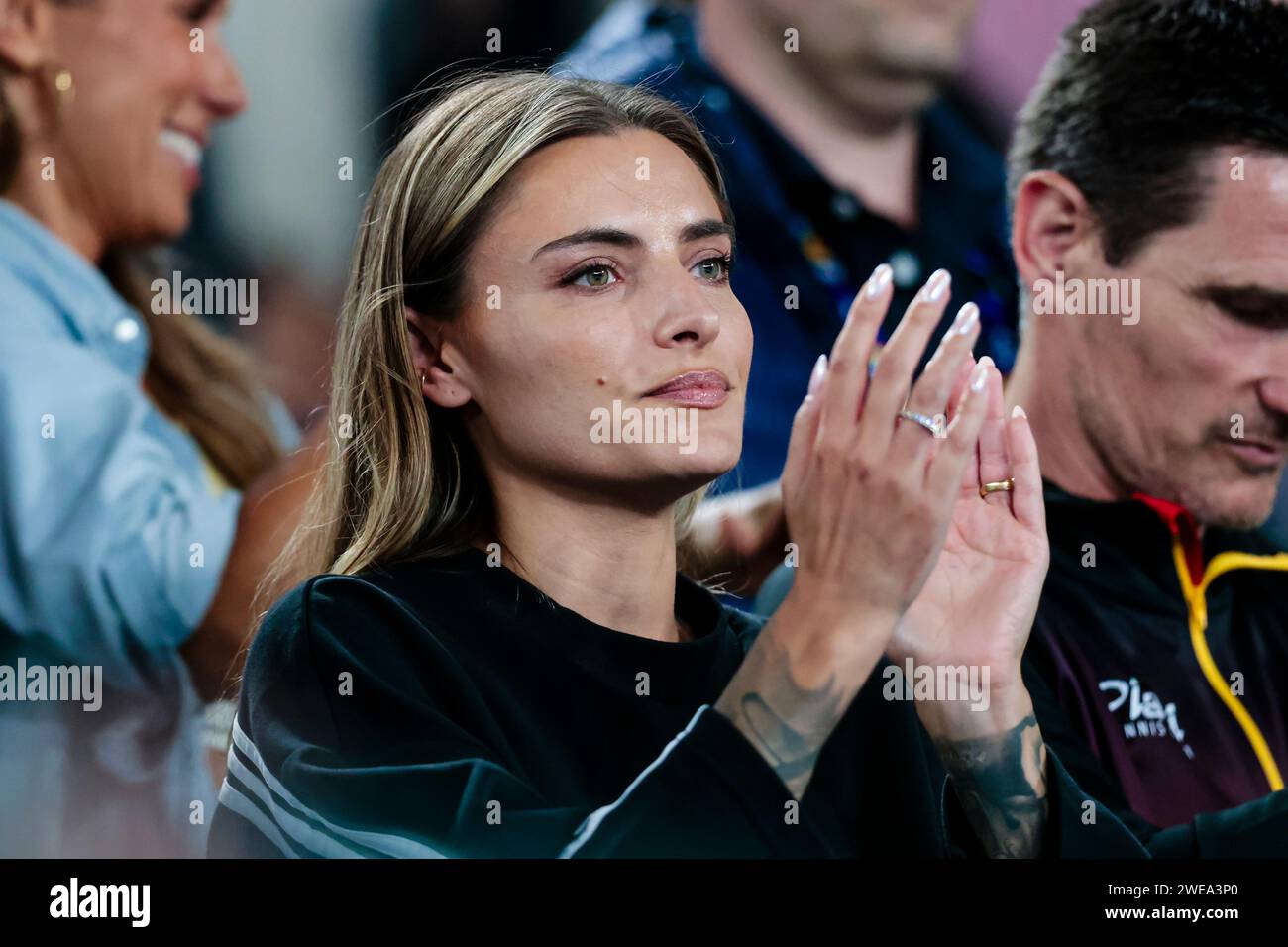 Melbourne, Australia, 24th Jan, 2024. Sophia Thomalla, girlfriend of tennis player Alexander Zverev from Germany cheers at the 2024 Australian Open Tennis Grand Slam in Melbourne Park. Photo credit: Frank Molter/Alamy Live news Stock Photo