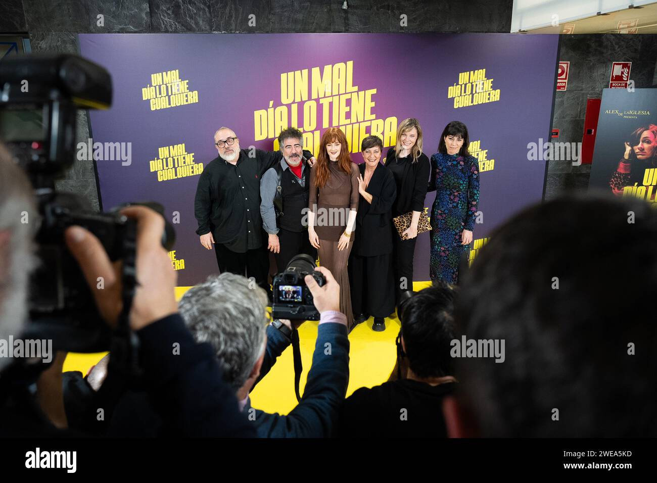 Madrid, Spain. 23rd Jan, 2024. Alex de la Iglesia, Agustin Jimenez, Ana  Polvorosa, Eva Hache and Carolina Bang during premiere of Un Mal Dia Lo  Tiene Cualquiera new film, in Madrid, January