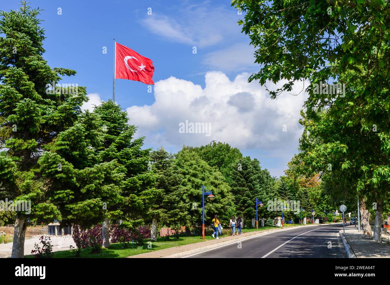 A Turkish flag waving over a clear road lined with lush green trees under a blue sky with clouds Stock Photo