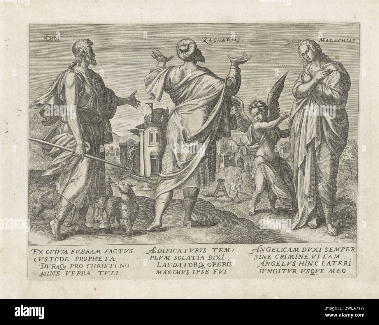 Amos, Zacharia en Maleachi, anonymous, after Jan Snellinck (I), 1585 print The prophets Amos, Zechariah and Malachi stand side by side in a landscape. Amos with shepherds and sheep, Zecharis looks at the landscape in which the temple is rebuilt, Malachi with an angel. Under the performance explanations in Latin. Antwerp paper engraving the four major prophets (not in biblical context): Isaiah, Jeremiah, Ezekiel, Daniel. the book of Amos. the book of Zechariah. the book of Malachi Stock Photo