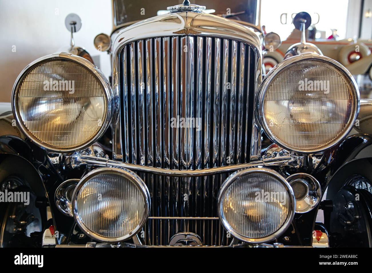 Classic Car Chrome Grille and Headlamps Close-Up at ACD Museum Stock Photo