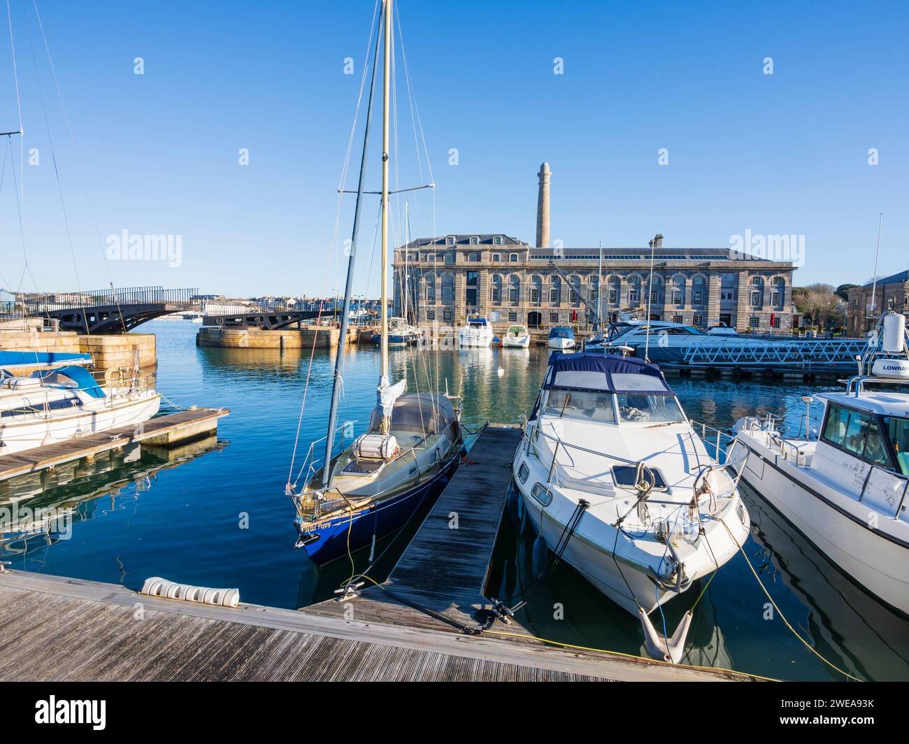Harbour and buildings of the Royal William yard, Plymouth, UK, now repurposed for residential and other uses Stock Photo