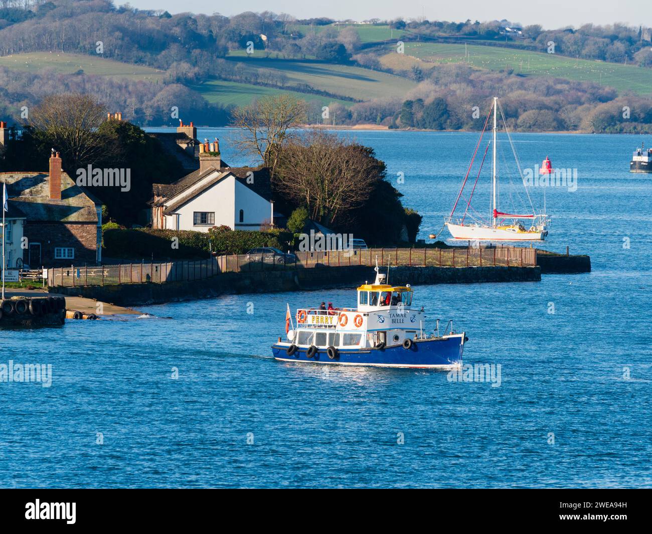 Cremyll ferry Tamar Belle leaving Cremyll, Cornwall, across the tidal Hamoaze waters of the Tamar to Plymouth, Devon Stock Photo