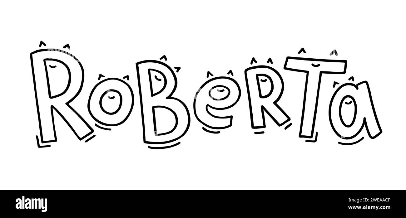 The baby girl name Roberta is handwritten in fun letters with eyes or ears and a smile. Black