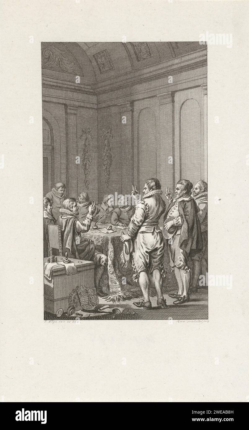 The renouncement of Philip II by the States, 1581, Reinier Vinkeles (I), After Jacobus Buys, 1786 print The renouncement of the Spanish king Philip II by the States, July 26, 1581. Interior in which members of the States General take the oath. On the ground the broken weapon and stamps of Philip II. Netherlands paper etching swearing an oath (with two fingers raised). involuntary abdication (of a ruler) Stock Photo