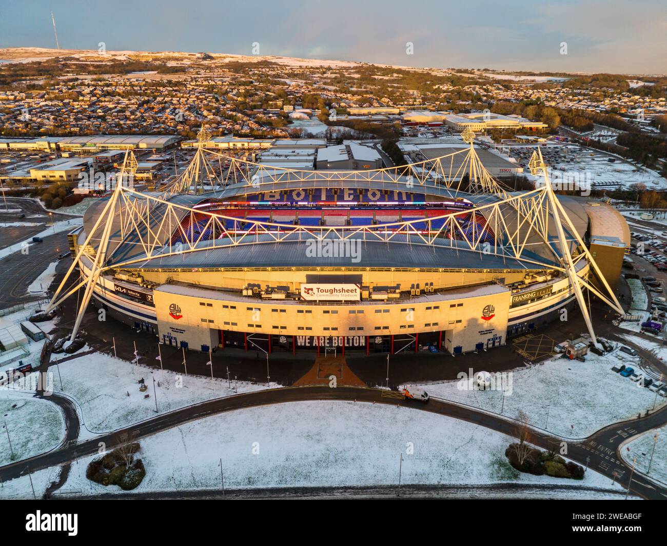 Bolton Wanderers Football Club, Tough Sheet Community Stadium Aerial Image after snow fall. 16th January 2024 Stock Photo
