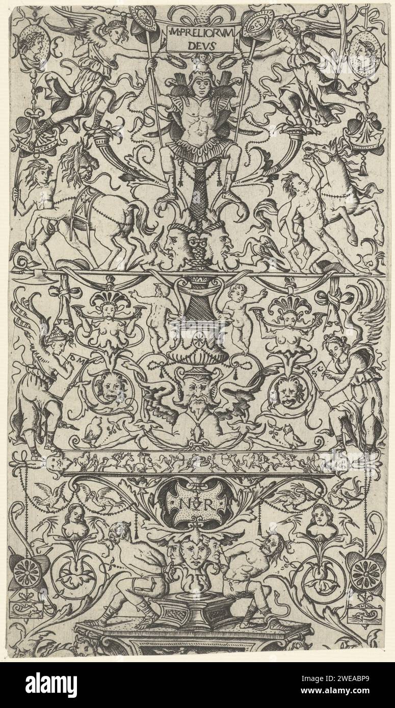 Fragment of Ornament Panel with Mars, Nicoletto Da Modena, 1507 print Fragment of ornament panel with mars that is crowned by two fame figures. Two other fame figures write on a tablet. Two prancing horses are led by two men. Two men are tied up. Decoration with fantasy animals and figures, grotesque and plant ornaments. On top of a shield is the text M [ARS] Preliorvm Devs. Italy paper engraving (Story of) Mars (Ares). Hunger; 'Fama', 'Good fame', 'Chiara fame' (Ripa) Stock Photo