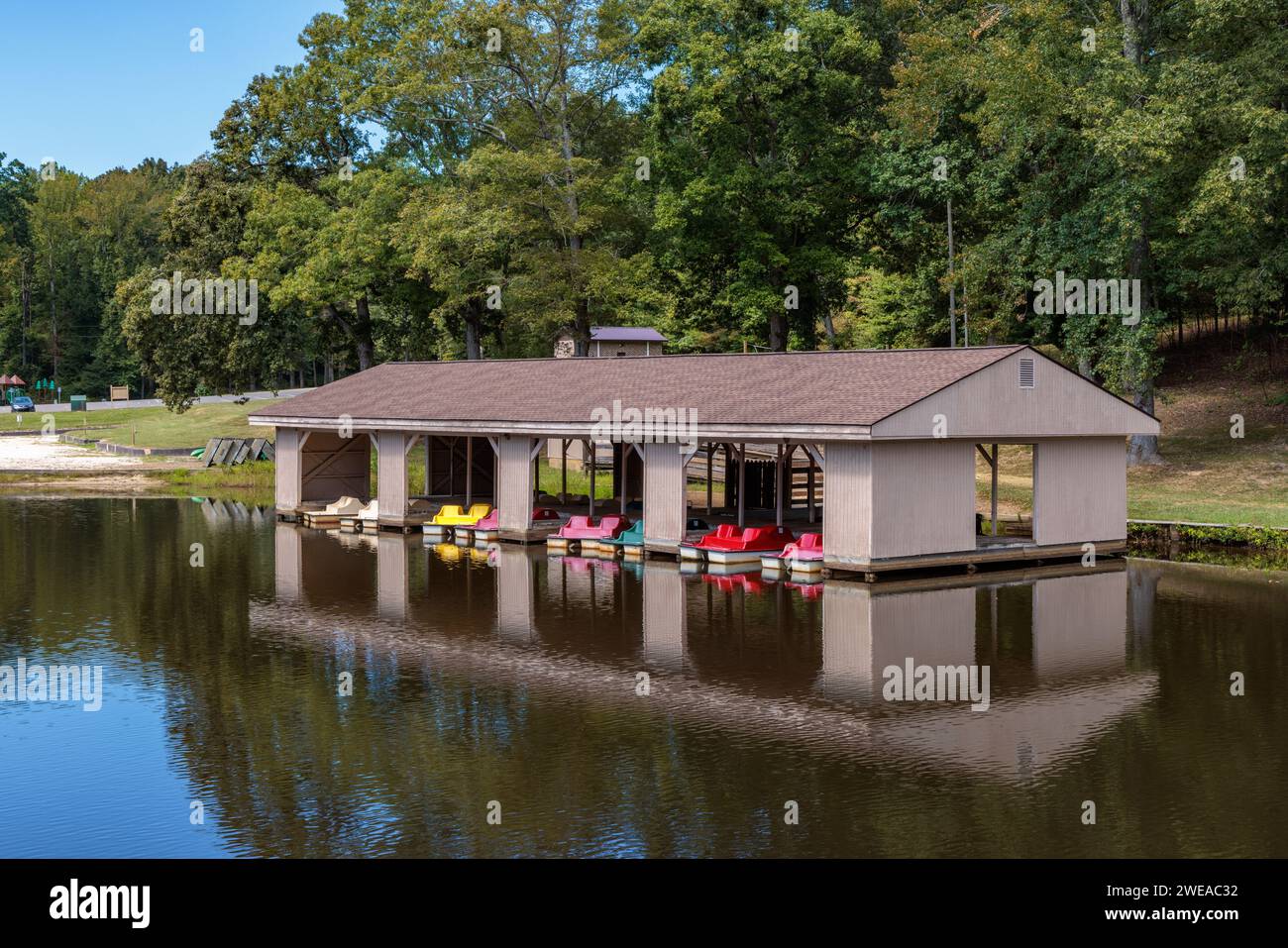 Pedal boats in boat house at Cub Creek Lake in Natchez Trace State Park