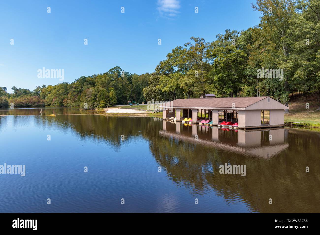 Pedal boats in boat house at Cub Creek Lake in Natchez Trace State Park