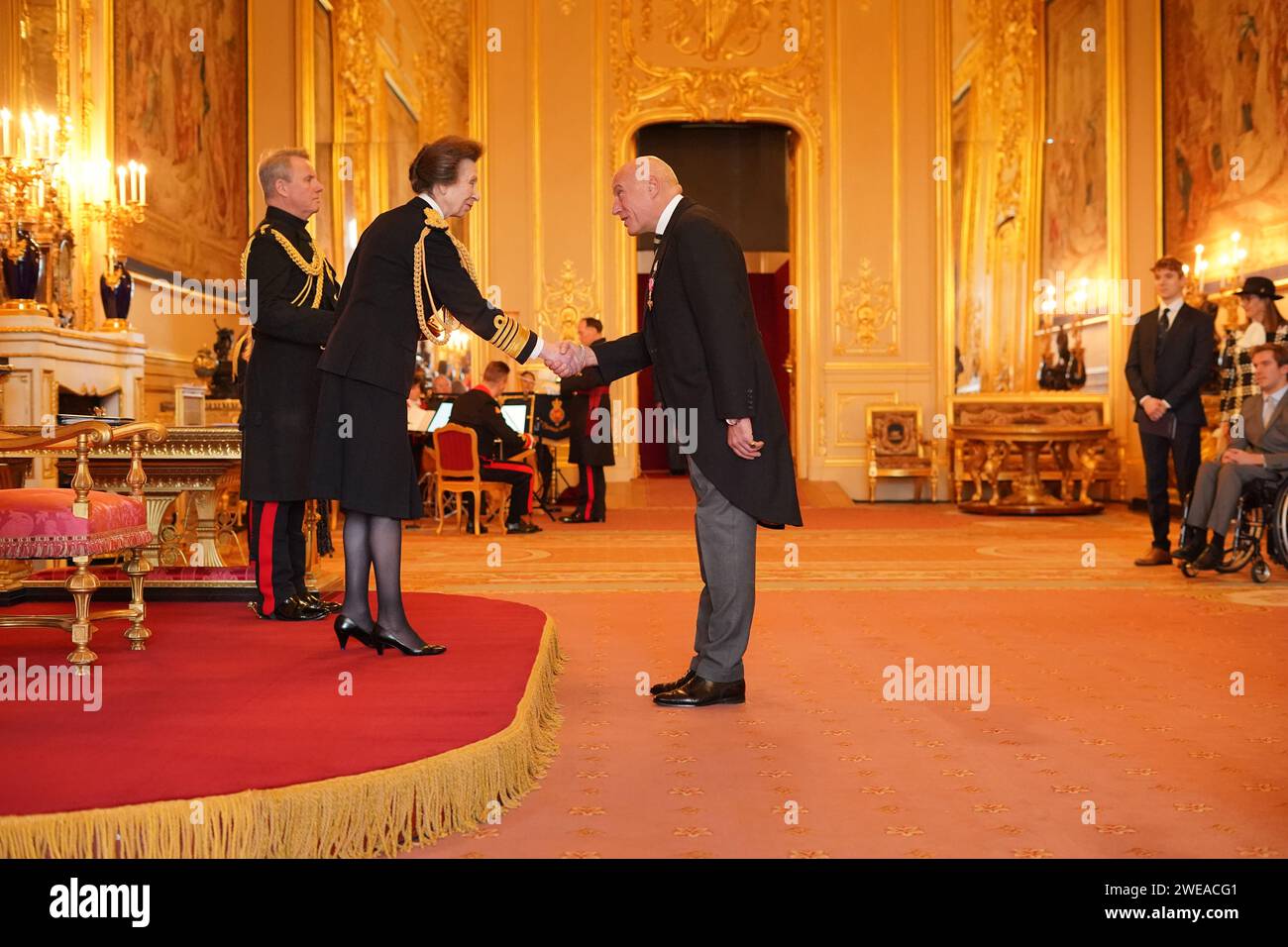 Mr. Simon Daglish, from London, Co-Founder, Walking With The Wounded, and Fundraiser, Tommy's, is made an Officer of the Order of the British Empire by the Princess Royal at Windsor Castle. The honour recognises charitable services. Picture date: Wednesday January 24, 2024. Stock Photo