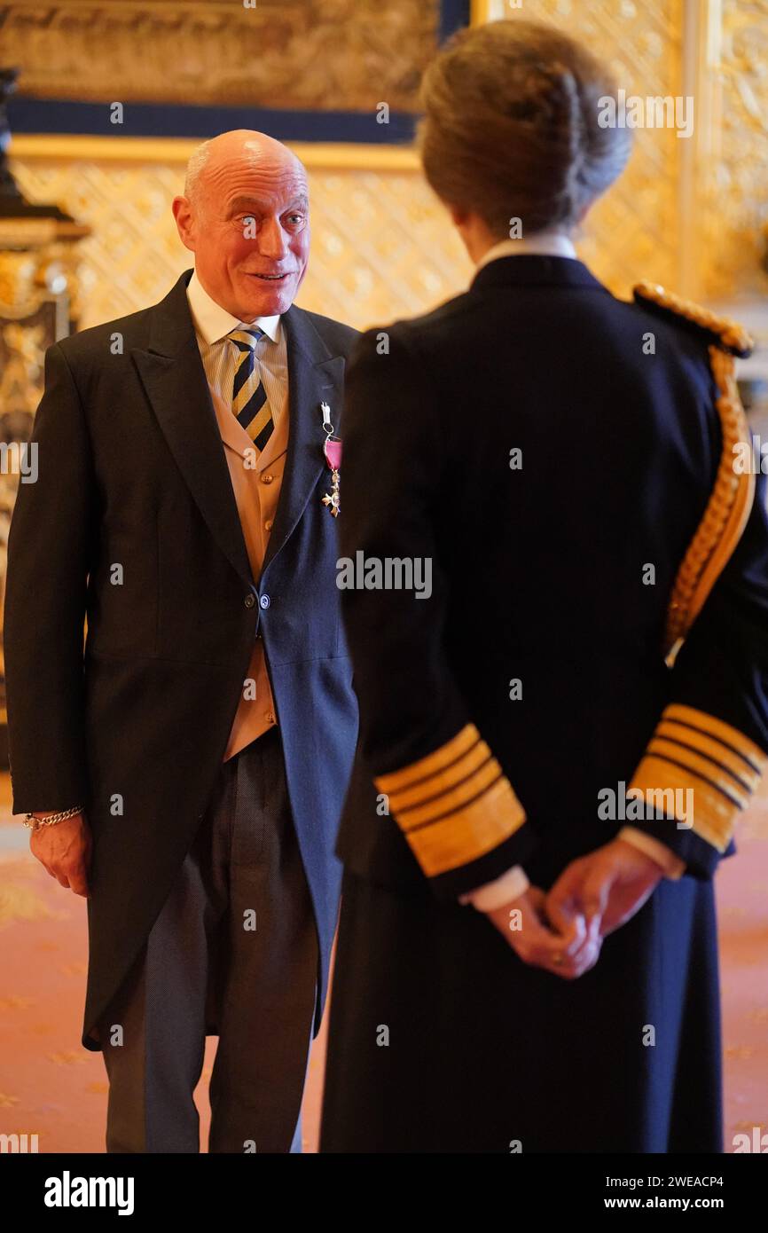 Mr. Simon Daglish, from London, Co-Founder, Walking With The Wounded, and Fundraiser, Tommy's, is made an Officer of the Order of the British Empire by the Princess Royal at Windsor Castle. The honour recognises charitable services. Picture date: Wednesday January 24, 2024. Stock Photo