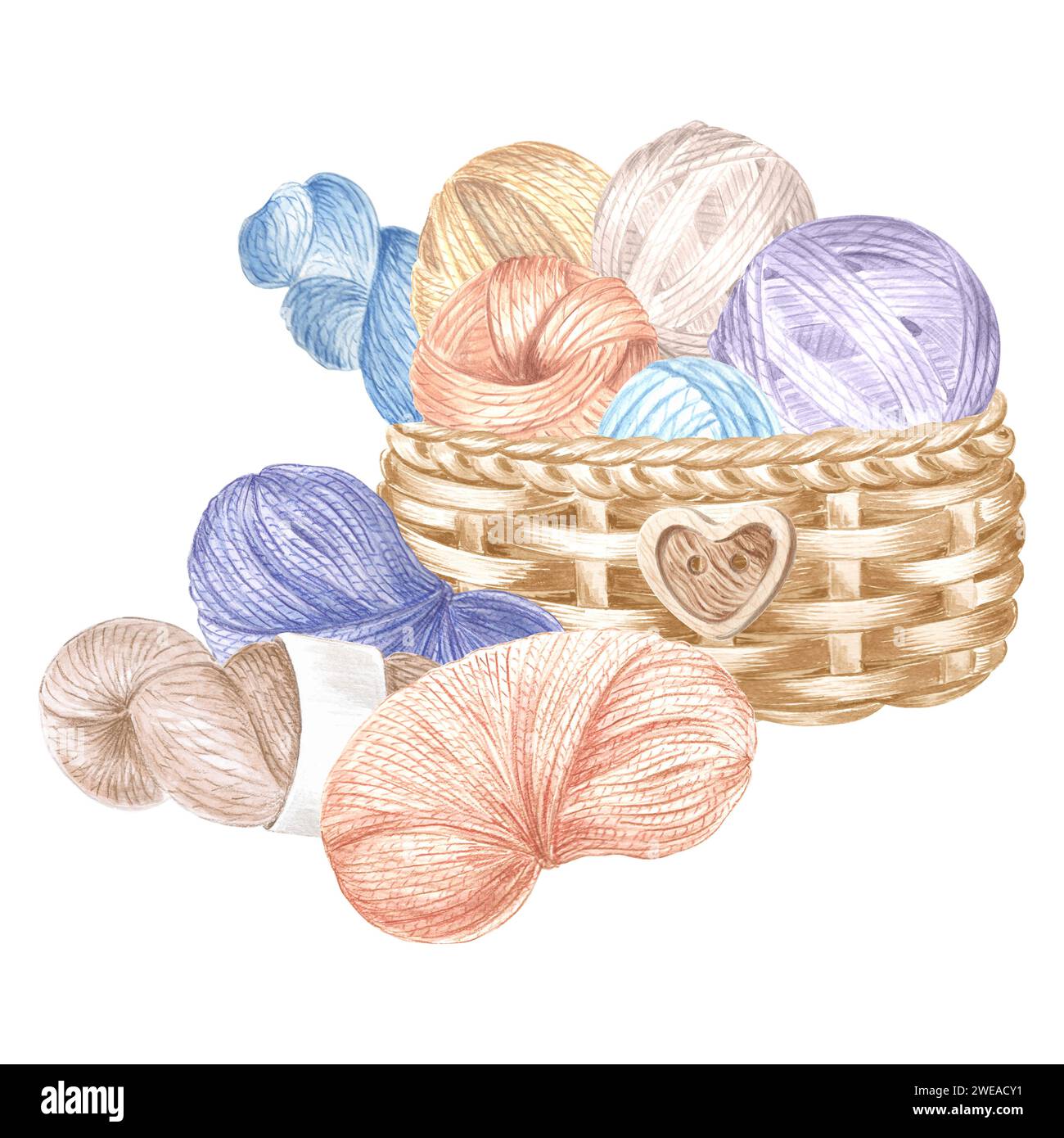 Sceins of yarn and tangles of threads in wicker basket. Watercolor ...