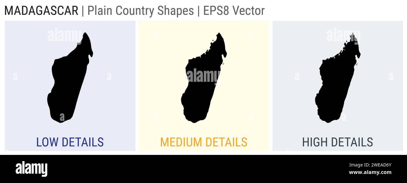Madagascar - plain country shape. Low, medium and high detailed maps of Madagascar. EPS8 Vector illustration. Stock Vector