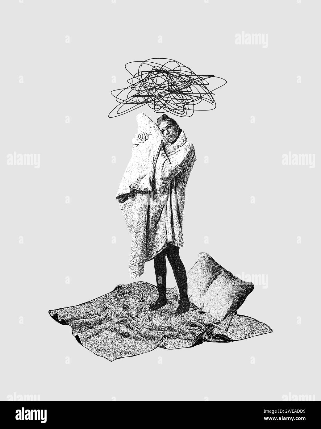 Young sad woman standing with pillow, covering herself with blanket