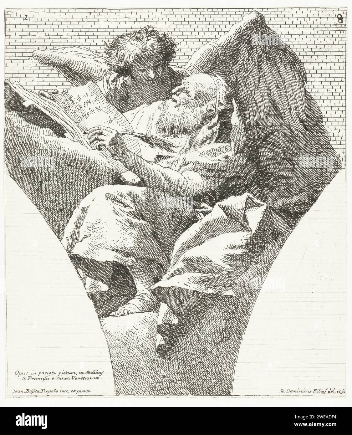 Evangelist Matteüs Met Engel, Giovanni Domenico Tiepolo, After Giovanni Battista Tiepolo, 1775 print  Venice paper etching the apostle and evangelist Matthew (Mattheus); possible attributes: angel, axe, book, halberd, pen and inkhorn, purse, scroll, square, sword Stock Photo