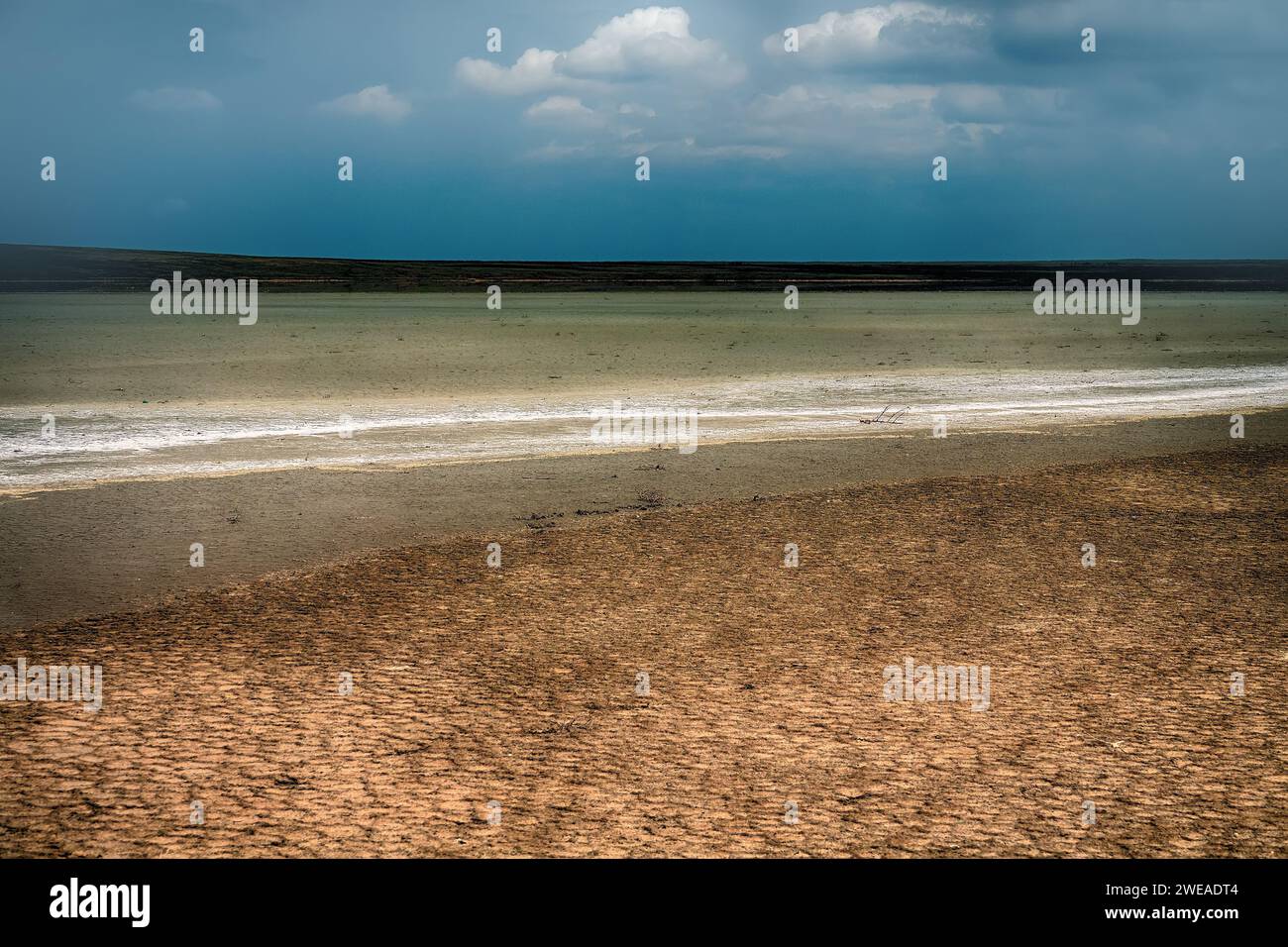 Driedup lake basin (dry lakebed), alkali flat. Semi desert salt