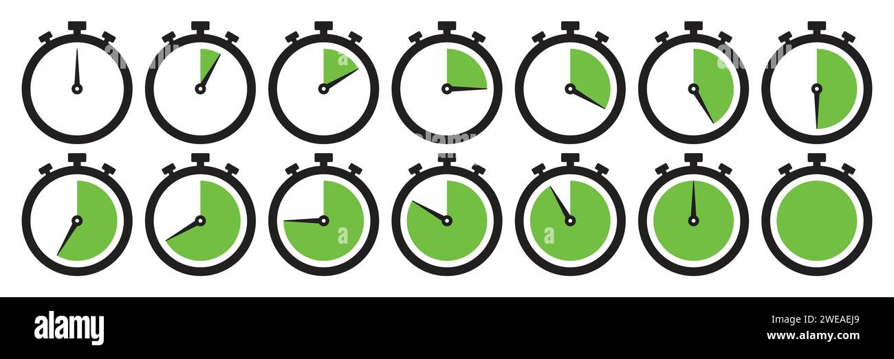 Clock icon set in light green color. Stopwatch symbol set. Countdown clock stopwatch, timer vector illustation. Collection of timer icon set in green. Stock Vector