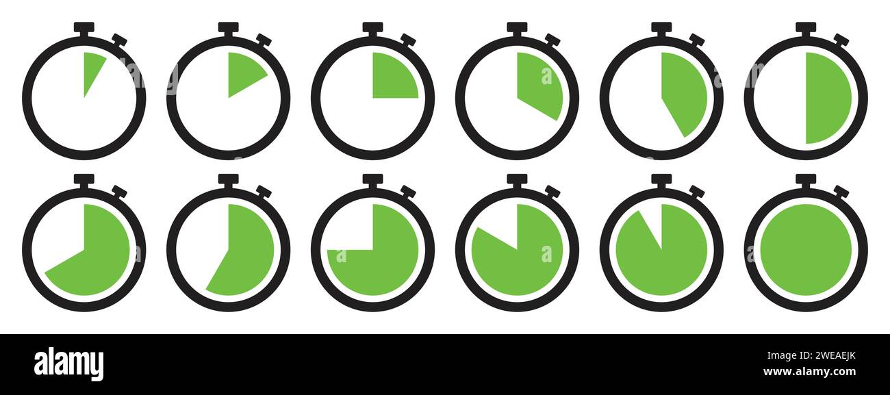 Stopwatch icon set in light green color. Stopwatch symbol set. Collection of timer icon set in light green color on white background. Countdown clock. Stock Vector