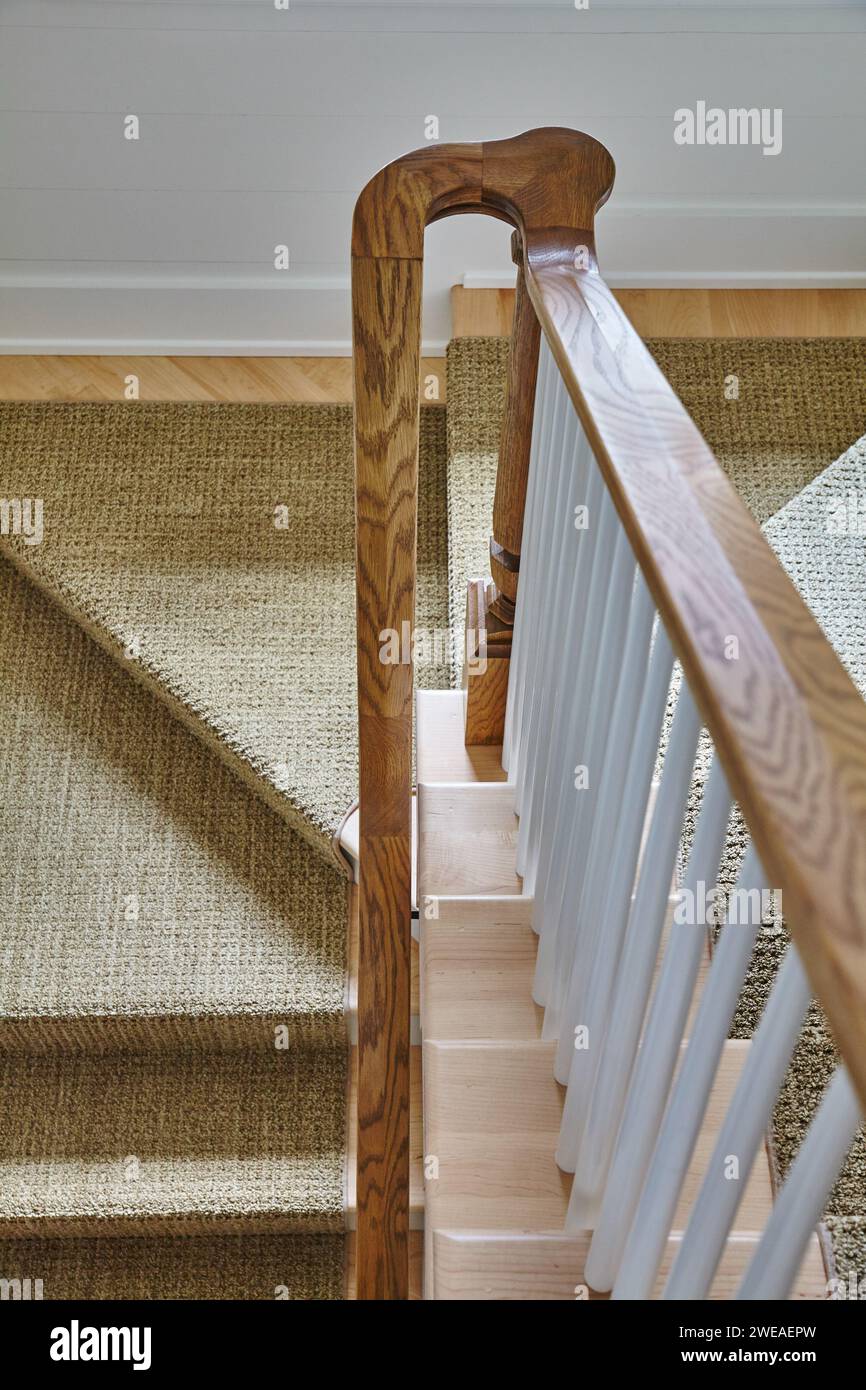 Elegant Wooden Staircase with Carpet Runner in Modern Home Stock Photo ...