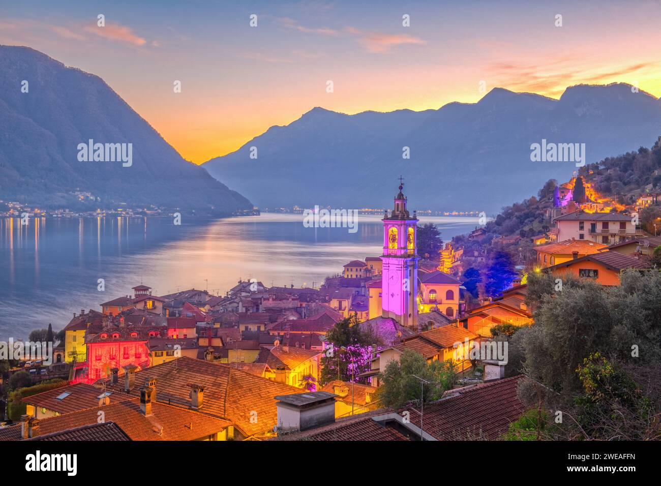 Sala Comacina, Como, Italy town view on Lake Como at dusk. Stock Photo