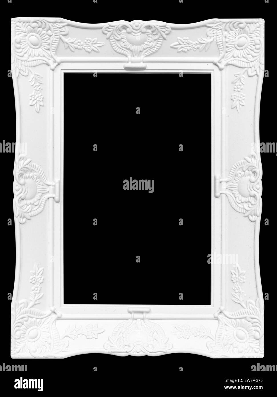White picture frame isolated on black background. Template mockup Stock Photo