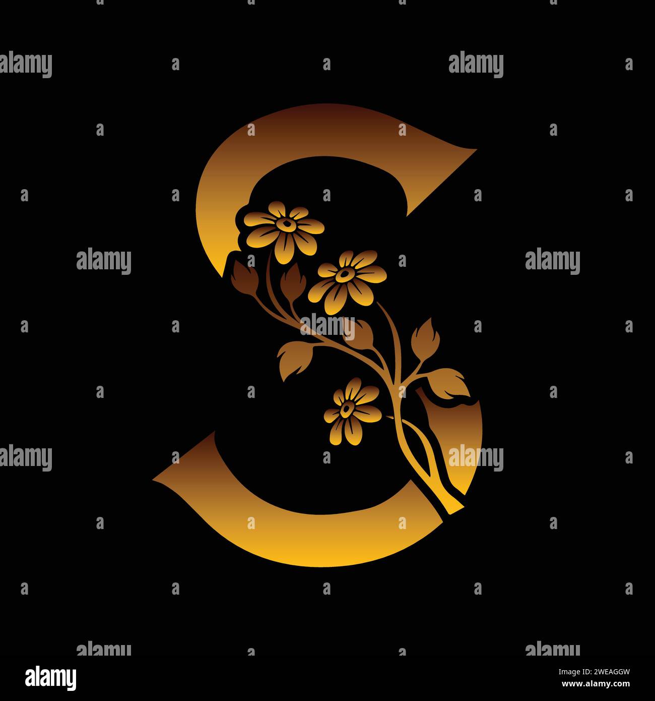 Single letter floral decoration art in golden effect vector illustration Stock Vector