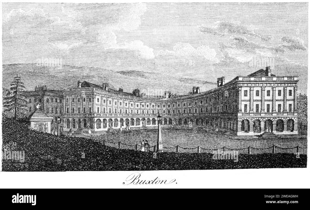 An engraving of Buxton, Derbyshire UK scanned at high resolution from a book printed in 1806. This image is believed to be free of all copyright. Stock Photo