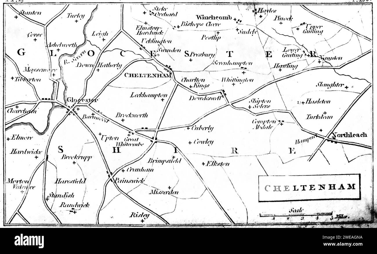 An map of Cheltenham, Gloucestershire UK scanned at high resolution from a book printed in 1806. This image is believed to be free of all copyright. Stock Photo