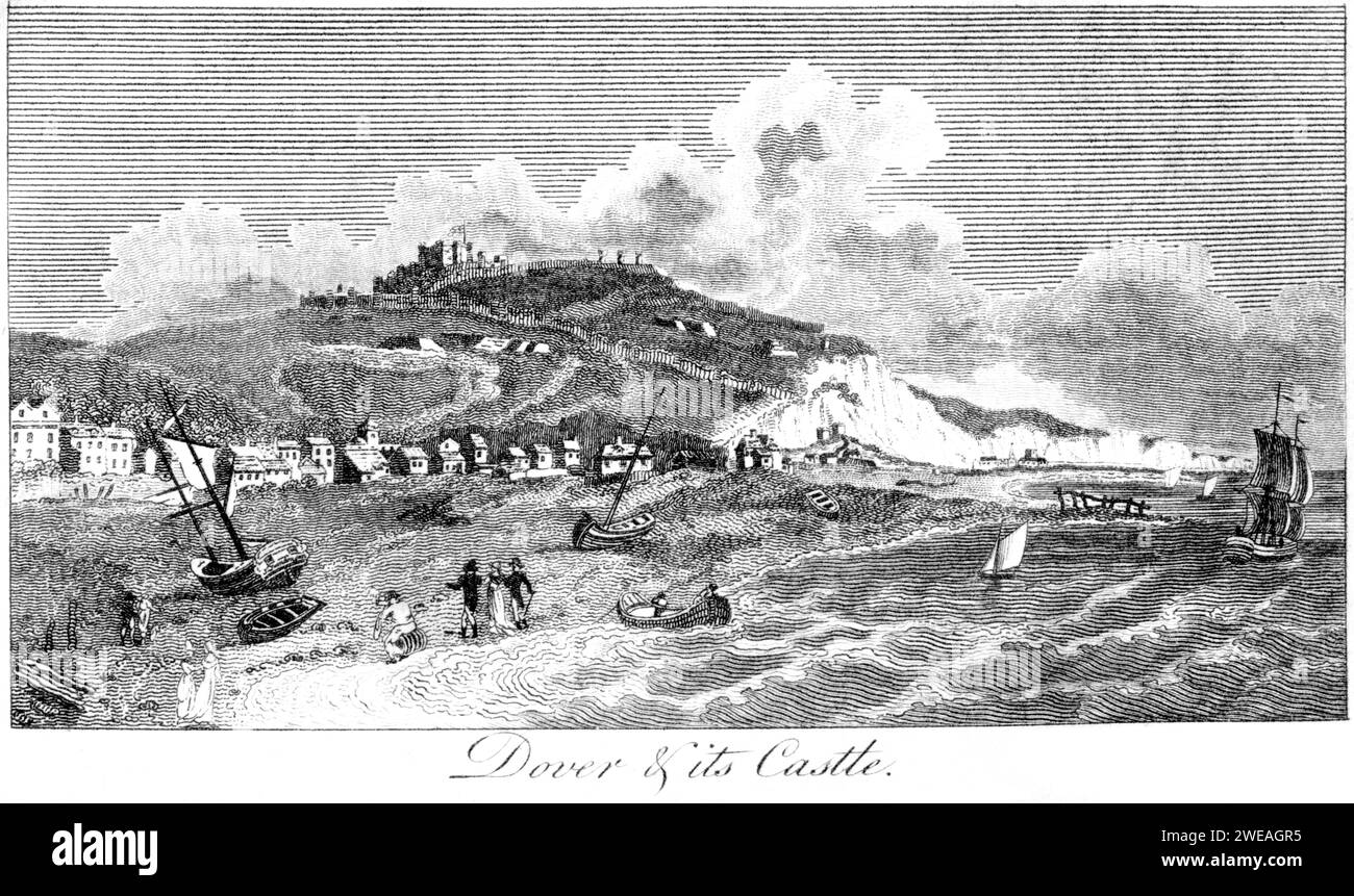 An engraving of Dover & its Castle, Kent UK scanned at high resolution from a book printed in 1806. This image is believed to be free of copyright. Stock Photo