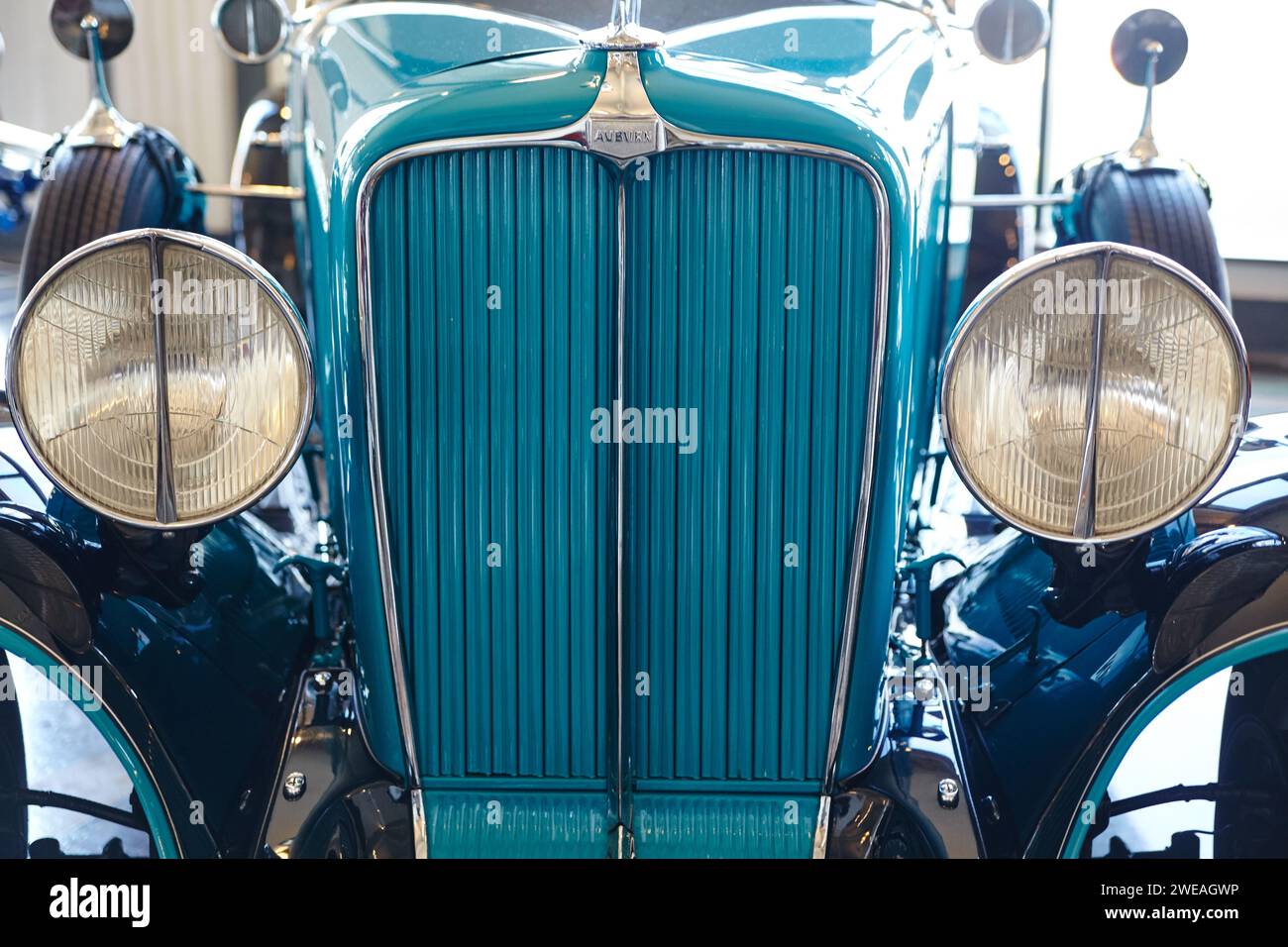 Classic Car Grille with Blue Slats and Chrome Details Stock Photo Alamy