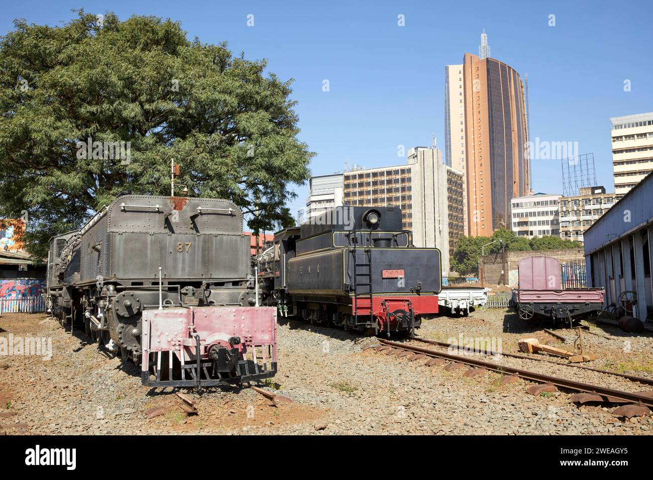 Kenya Uganda Railway (KUR) Karamoja Locomotive built by Beyer Peacock & Co. and Tanganyika Railway Masai of Kenya North British Locomoitve at Nairobi Stock Photo