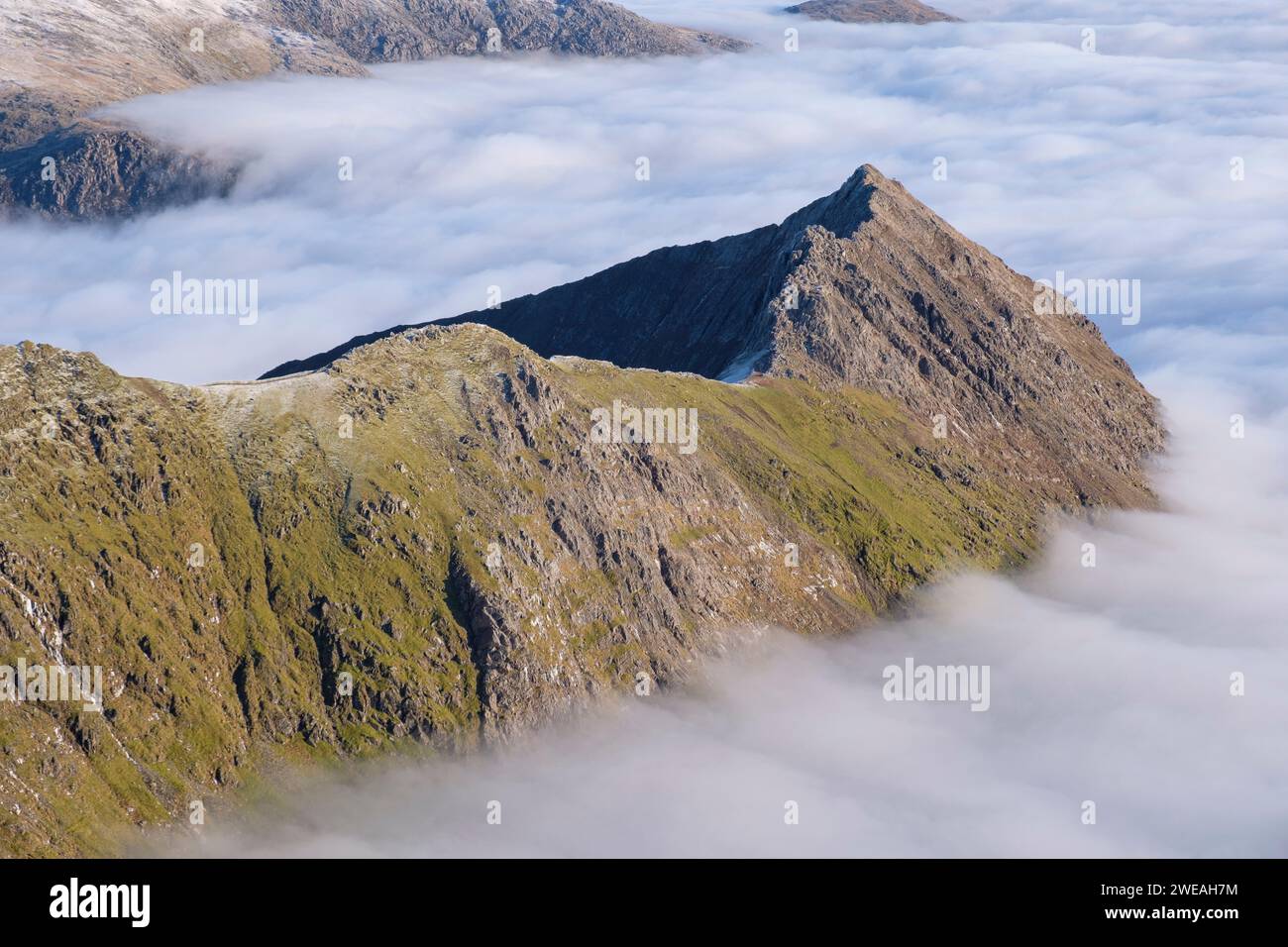 Yr Wydffa, Eryri,  Cloud inversion, on Crib Goch ridge, Snowdonia, North Wales Stock Photo