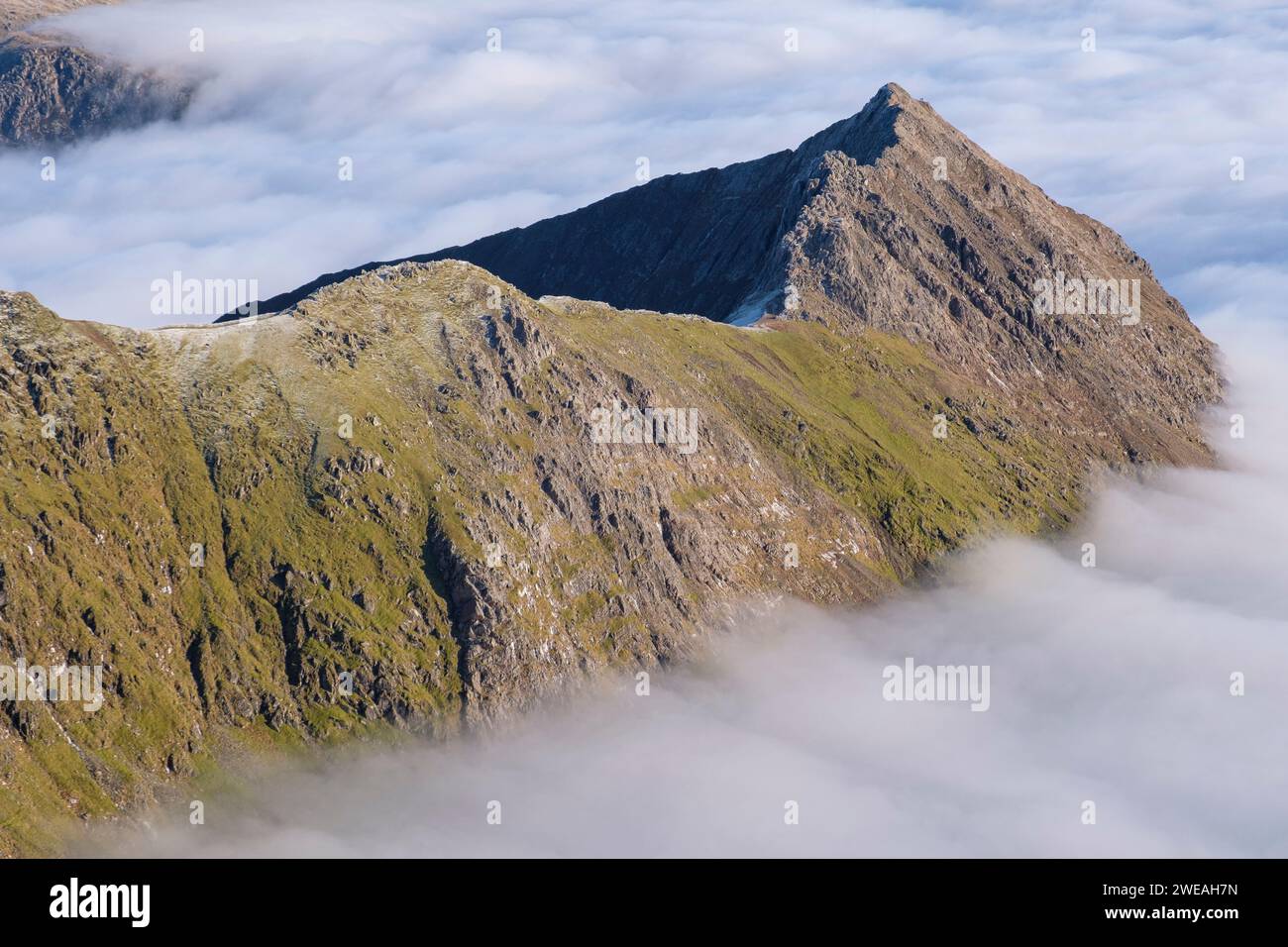 Yr Wydffa, Eryri,  Cloud inversion, on Crib Goch ridge, Snowdonia, North Wales Stock Photo