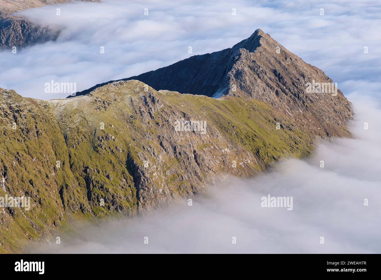 Yr Wydffa, Eryri,  Cloud inversion, on Crib Goch ridge, Snowdonia, North Wales Stock Photo