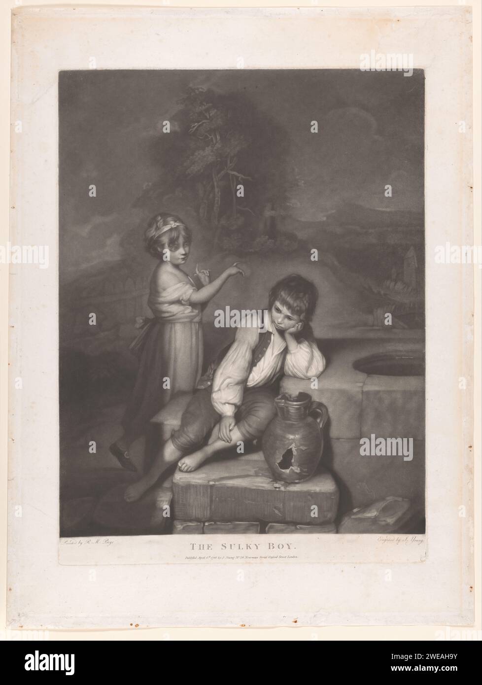 Sitting boy leans on his elbow and looks down, John Young, After Richard Morton Paye, 1786 print A broken can before him. A girl next to him points to something. London paper  head held in the hand(s), with elbows leaning on an elevation or on the knees. container of ceramics: jar, jug, pot, vase. index finger forwards, pointing, indicating Stock Photo