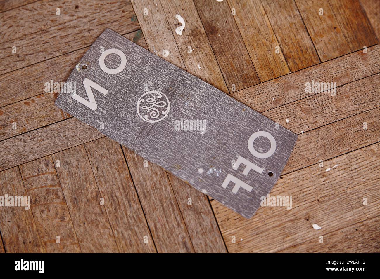 Back of Vintage Electrical ON OFF Nameplate on Wooden Texture Stock ...