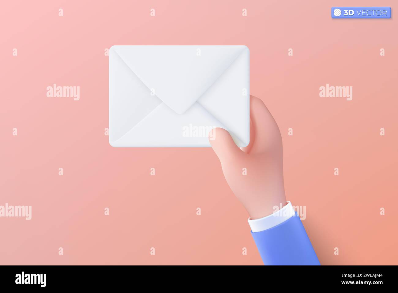 3d hand and whilte mail envelope icon symbol. Render email notification with letters, lay off, be fired from the company, donate concept. 3D vector is Stock Vector